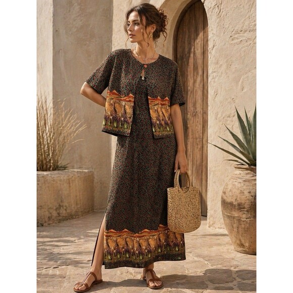 Robbie Bee Dresses & Skirts - Vintage Robbie Bee Brown Giraffe Maxi Dress 2 Pc Set Safari Animal Print Size 10